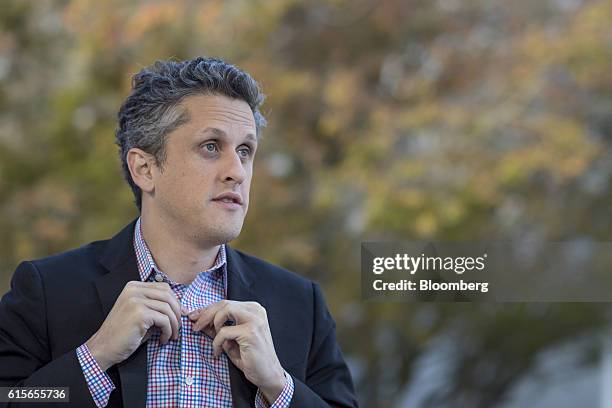 Aaron Levie, co-founder and chief executive officer of Box Inc., pauses during a Bloomberg Television interview at the Vanity Fair New Establishment...