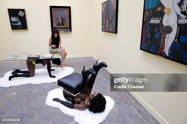 Table and a chair by Norwegian artist Bjarne Melgaard are displayed during the FIAC international contemporary art fair at the Grand Palais on...