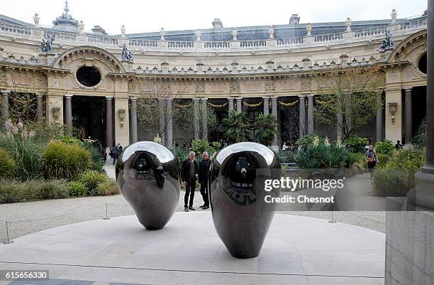 Visitors look at an artwork entitled 'Head' by Swiss artist Not Vital at the Petit Palais as part of the FIAC international contemporary art fair on...