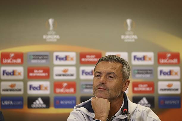 Head Coach of Villareal Fran Escriba and goalkeeper Andres Fernandez attend a press conference prior to the UEFA Europa League football match between...