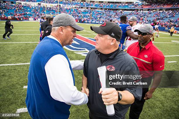 Head coach Rex Ryan of the Buffalo Bills and head coach Chip Kelly of the San Francisco 49ers shake hands after the game on October 16, 2016 at New...