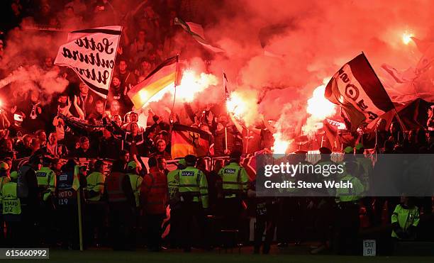 Borussia Moenchengladbach fans use flares during the UEFA Champions League group C match between Celtic FC and VfL Borussia Moenchengladbach at...