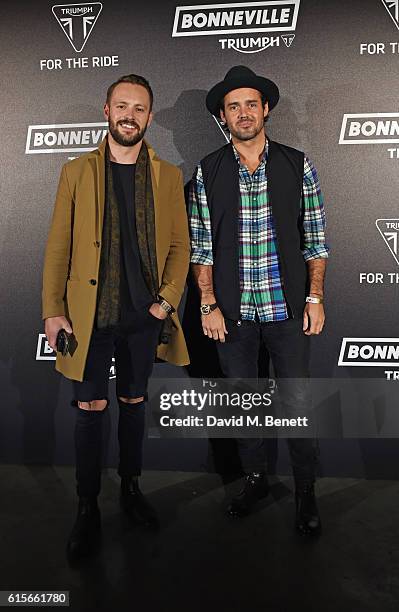 Ed Cozzi and Spencer Matthews attend the Global VIP Reveal of the new Triumph Bonneville Bobber on October 19, 2016 in London, England.