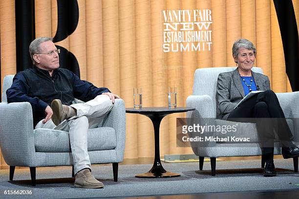 At Discovery Communications, David Zaslav, and US Secretary of the Interior, Sally Jewell, speak onstage during "Public, Private, Protected: A Path...