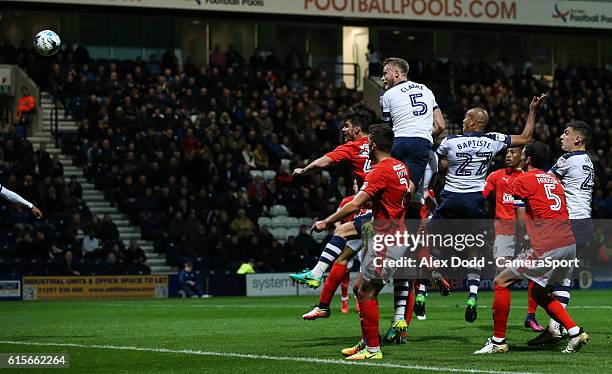 Preston North End's Alex John-Baptiste heads his side's second goal during the Sky Bet Championship match between Preston North End and Huddersfield...