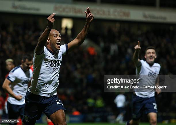 Preston North End's Alex John-Baptiste celebrates scoring his sides second goal during the Sky Bet Championship match between Preston North End and...