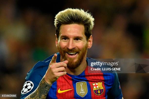 Barcelona's Argentinian forward Lionel Messi celebrates a goal during the UEFA Champions League football match FC Barcelona vs Manchester City at the...