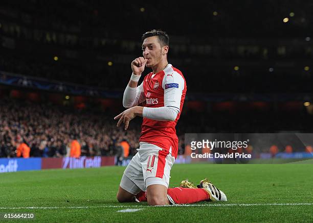 Mesut Ozil celebrates scoring his 2nd goal, Arsenal's 5th, during the UEFA Champions League match between Arsenal FC and PFC Ludogorets Razgrad at...