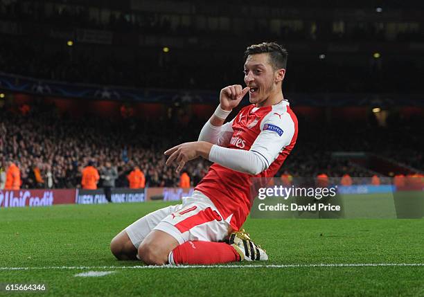 Mesut Ozil celebrates scoring his 2nd goal, Arsenal's 5th, during the UEFA Champions League match between Arsenal FC and PFC Ludogorets Razgrad at...