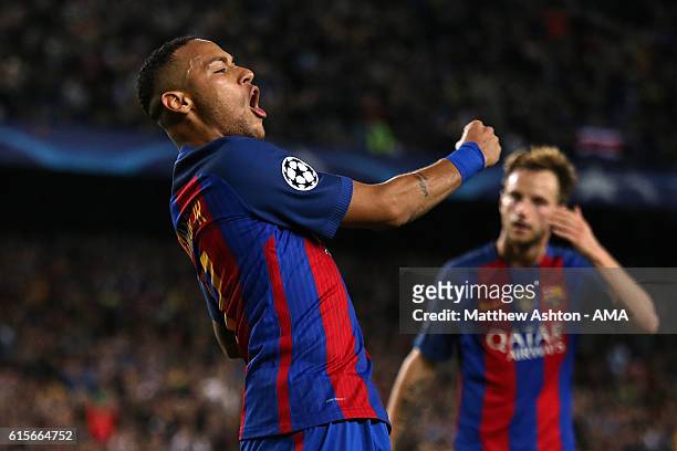 Neymar of Barcelona celebrates scoring his team's fourth goal to make the score 4-0 during the UEFA Champions League match between FC Barcelona and...