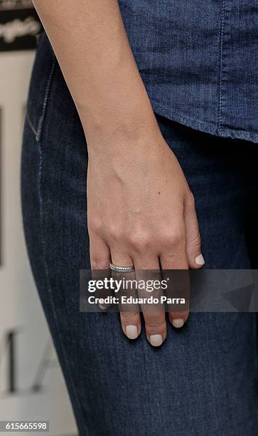 Singer Edurne Garcia, ring detail, presents the Bottom Up Amaizing Fit by Liu Jo at El Corte Ingles store on October 19, 2016 in Madrid, Spain.