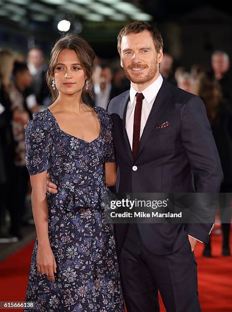 Alicia Vikander and Michael Fassbender arrive for the UK premiere of "The Light Between Oceans" at The Curzon Mayfair on October 19, 2016 in London,...