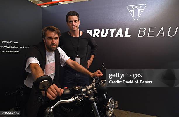 Justin Young and Freddie Cowan of The Vaccines attend the Global VIP Reveal of the new Triumph Bonneville Bobber on October 19, 2016 in London,...