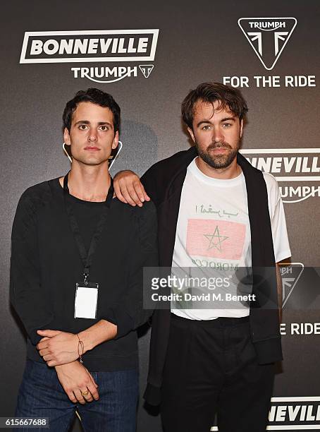 Freddie Cowan and Justin Young of The Vaccines attend the Global VIP Reveal of the new Triumph Bonneville Bobber on October 19, 2016 in London,...