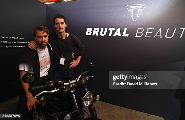 Justin Young and Freddie Cowan of The Vaccines attend the Global VIP Reveal of the new Triumph Bonneville Bobber on October 19, 2016 in London,...