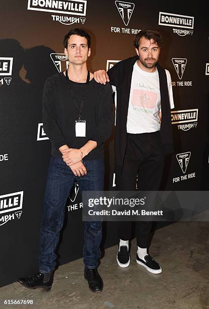 Freddie Cowan and Justin Young of The Vaccines attend the Global VIP Reveal of the new Triumph Bonneville Bobber on October 19, 2016 in London,...