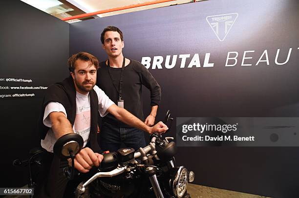 Justin Young and Freddie Cowan of The Vaccines attend the Global VIP Reveal of the new Triumph Bonneville Bobber on October 19, 2016 in London,...