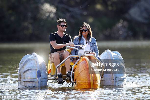 Jessica Mauboy with her boyfriend, Themeli Magripilis on an aqua bike in the royal national park on October 4, 2016 in Sydney, Australia.