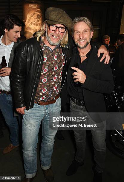 Henry Cole, CEO of Gladstone Motorcycles, and Carl Fogarty attend the Global VIP Reveal of the new Triumph Bonneville Bobber on October 19, 2016 in...