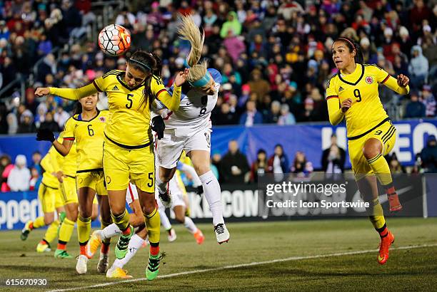 Colombia midfielder Isabella Echeverri beats United States defender Julie Johnston to the header. The United States womens national soccer team...