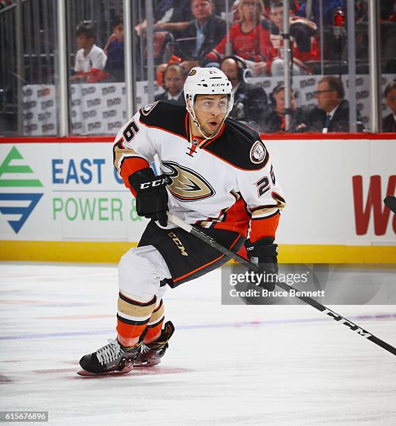 Emerson Etem of the Anaheim Ducks skates against the New Jersey Devils at the Prudential Center on October 18, 2016 in Newark, New Jersey.