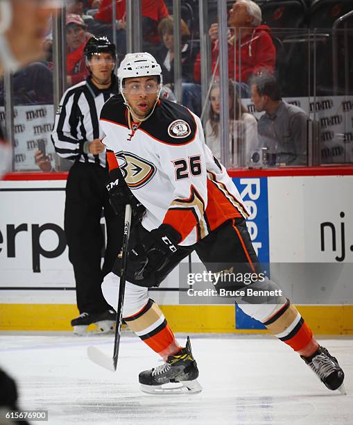 Emerson Etem of the Anaheim Ducks skates against the New Jersey Devils at the Prudential Center on October 18, 2016 in Newark, New Jersey.