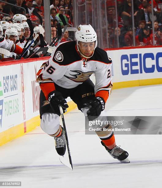 Emerson Etem of the Anaheim Ducks skates against the New Jersey Devils at the Prudential Center on October 18, 2016 in Newark, New Jersey.