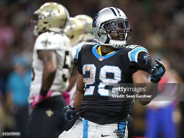 Webb of the New Orleans Saints celebrates after scoring a touchdown against the Carolina Panthers at the Mercedes-Benz Superdome on October 16, 2016...