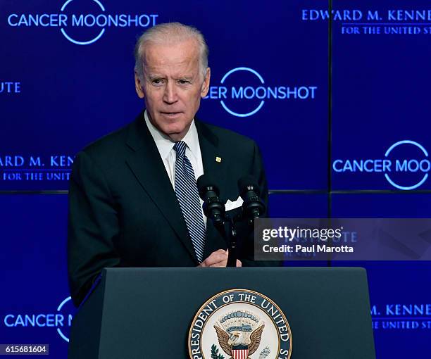 Vice President Joe Biden speaks at the Edward Kennedy Institute on the White House Cancer Moonshot Task Force's mission to double the rate of...