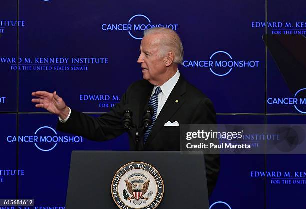 Vice President Joe Biden speaks at the Edward Kennedy Institute on the White House Cancer Moonshot Task Force's mission to double the rate of...