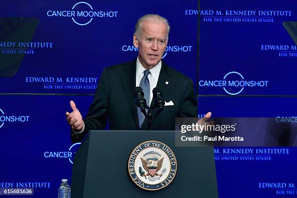 Vice President Joe Biden speaks at the Edward Kennedy Institute on the White House Cancer Moonshot Task Force's mission to double the rate of...