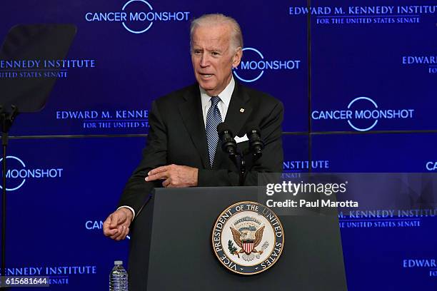 Vice President Joe Biden speaks at the Edward Kennedy Institute on the White House Cancer Moonshot Task Force's mission to double the rate of...