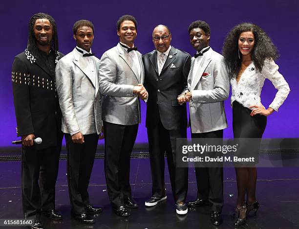 Four Tops member Duke Fakir poses with cast members ; Jordan Shaw, Daniel Bailey, Brian James Leys, “Duke” Fakir, Samuel Edwards, Lucy St. Louis of...