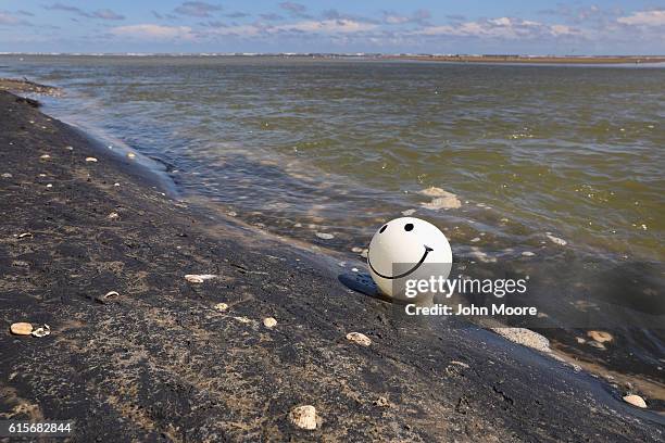 Balloon from a Mexican family beaches on the American side of the mouth of the Rio Grande on October 19, 2016 in Boca Chica, Texas. The mouth of the...