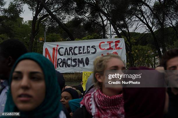 Several social groups protest opposite to the Immigrant detention centre in Aluche, Madrid on October 19, 2016. The protest because last night about...