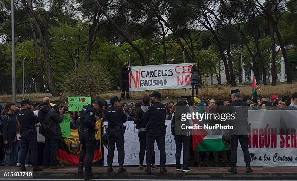 Several social groups protest opposite to the Immigrant detention centre in Aluche, Madrid on October 19, 2016. The protest because last night about...