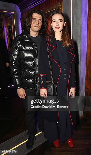 Fenton Bailey and Sarah Stanbury attend the launch of MNKY HSE late-night restaurant, Mayfair on October 19, 2016 in London, England.