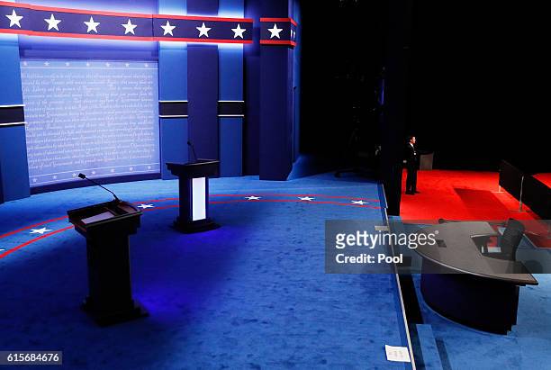 The podiums on stage seen prior to the start of the third U.S. Presidential debate at the Thomas & Mack Center on October 19, 2016 in Las Vegas,...