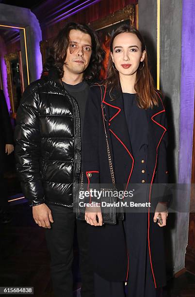 Fenton Bailey and Sarah Stanbury attend the launch of MNKY HSE late-night restaurant, Mayfair on October 19, 2016 in London, England.