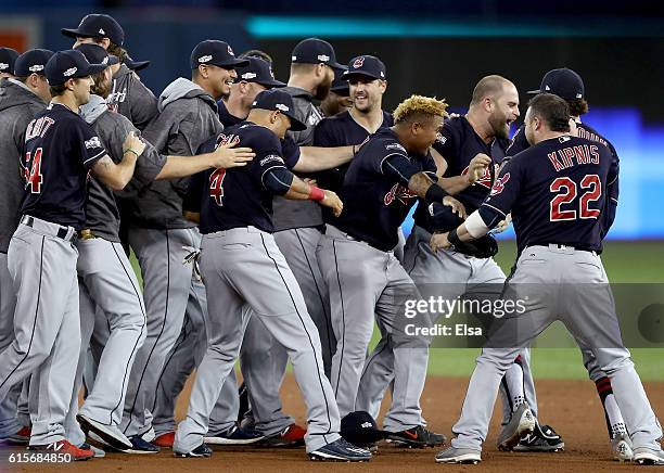 The Cleveland Indians celebrate after defeating the Toronto Blue Jays with a score of 3 to 0 in game five of the American League Championship Series...