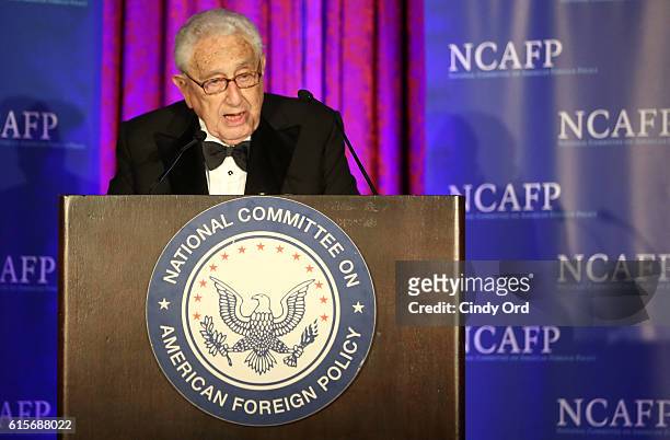 Former United States Secretary of State and honorary NCAFP Co-Chairman Henry A. Kissinger speaks onstage at the National Committee On American...