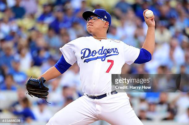 Julio Urias of the Los Angeles Dodgers pitches in the first inning against the Chicago Cubs in game four of the National League Championship Series...