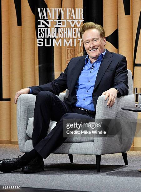 Television host, Conan O'Brien, speaks onstage during "Our Brands, Ourselves" at the Vanity Fair New Establishment Summit at Yerba Buena Center for...