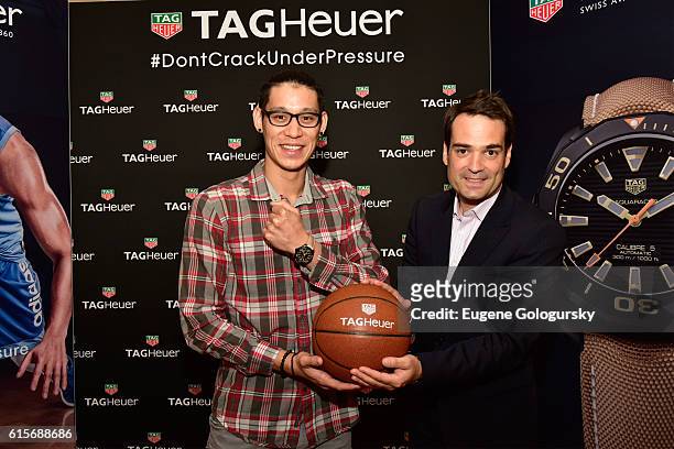 Jeremy Lin and Killian Muller attend the launch of the new TAG Heuer boutique with at Bloomingdale's 59th Street store on October 19, 2016 in New...