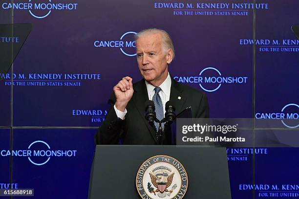 Vice President Joe Biden speaks at the Edward Kennedy Institute on the White House Cancer Moonshot Task Force's mission to double the rate of...