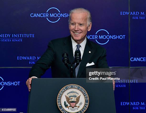 Vice President Joe Biden speaks at the Edward Kennedy Institute on the White House Cancer Moonshot Task Force's mission to double the rate of...