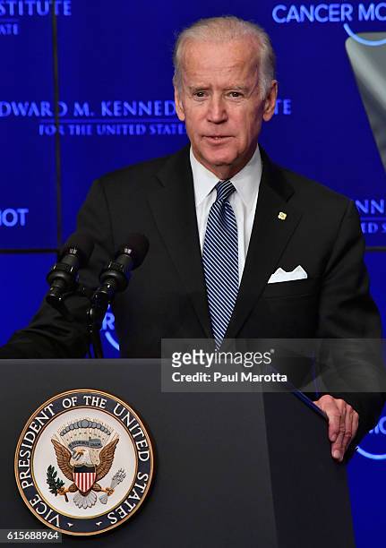 Vice President Joe Biden speaks at the Edward Kennedy Institute on the White House Cancer Moonshot Task Force's mission to double the rate of...