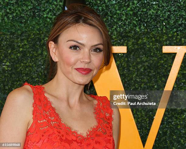 Actress Aimee Teegarden attends the 7th Annual Veuve Clicquot Polo Classic at Will Rogers State Historic Park on October 15, 2016 in Pacific...