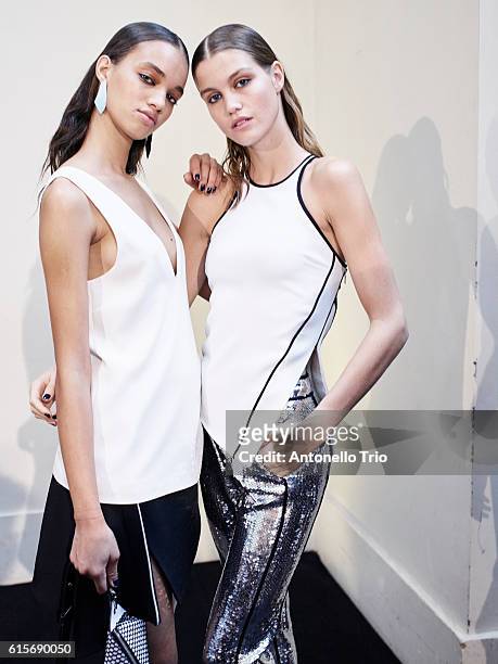 Models Ellen Rosa and Luna Bijl poses prior the Mugler show as part of the Paris Fashion Week Womenswear Spring/Summer 2017 on October 1, 2016 in...