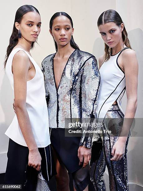 Models Ellen Rosa , Selena Forrest and Luna Bijl poses prior the Mugler show as part of the Paris Fashion Week Womenswear Spring/Summer 2017 on...